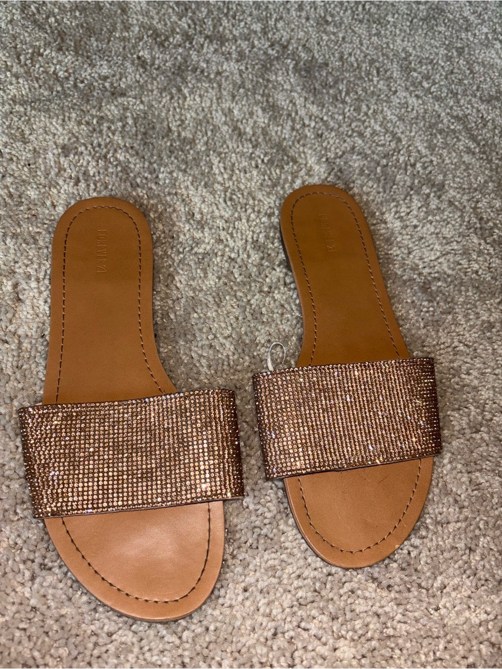 Forever 21 Rose Gold Rhinestone Glitz Slide Sandals Flat Open Toe 8